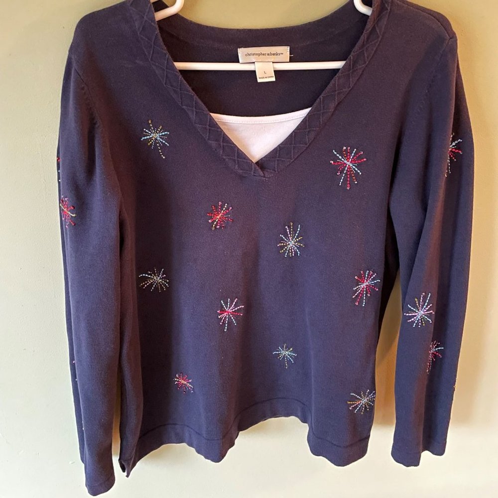 Christopher & Banks Cotton Knit Dark Blue Pullover Sweater, Women's Size L